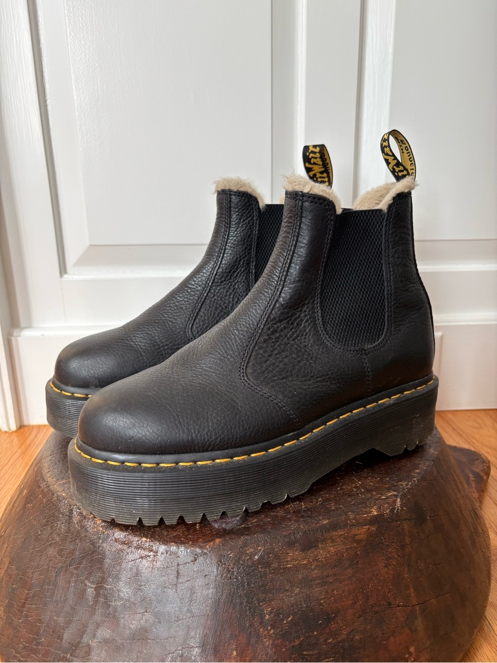 Dr. Martens Airwair Black Platform Chelsea Boots with Shearling Trim